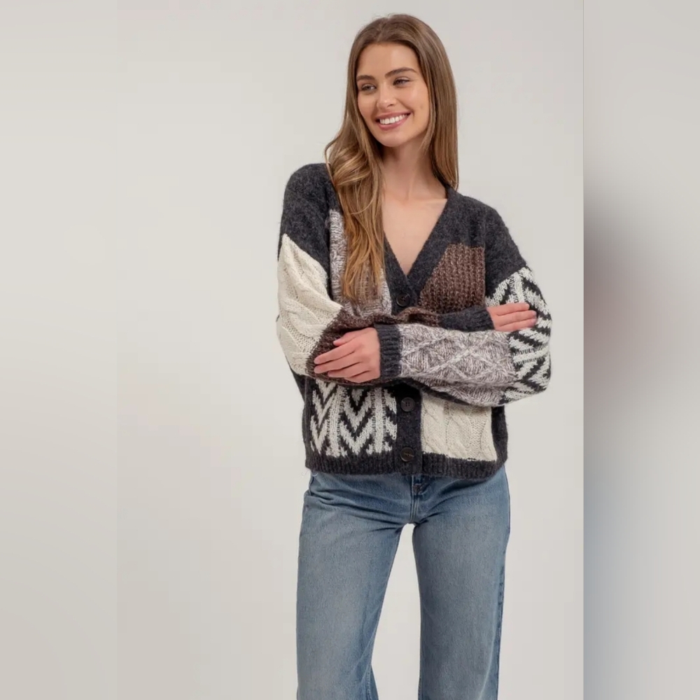 V Neck Patchwork Cable Knit Cardigan - image 1